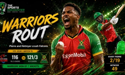 Khary Pierre celebrates as Guyana Amazon Warriors dominate Antigua and Barbuda Falcons in CPL 2026 Match 15, with Shimron Hetmyer starring in the chase.