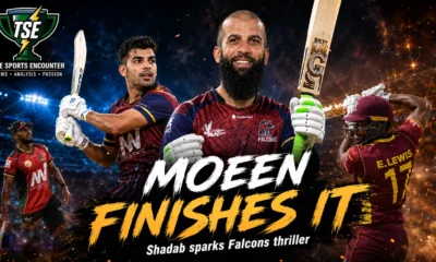 Moeen Ali celebrates after finishing Antigua and Barbuda Falcons’ three-wicket win over St Kitts and Nevis Patriots in CPL 2026 Match 12, with Shadab Khan featured as the match’s key all-round performer.