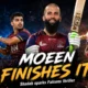 Moeen Ali celebrates after finishing Antigua and Barbuda Falcons’ three-wicket win over St Kitts and Nevis Patriots in CPL 2026 Match 12, with Shadab Khan featured as the match’s key all-round performer.