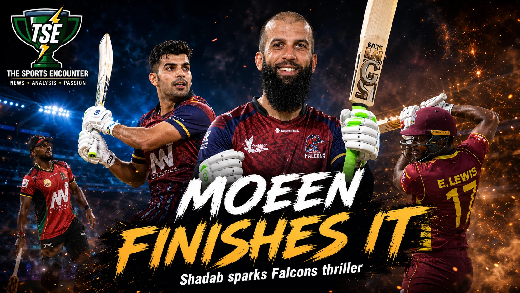 Moeen Ali celebrates after finishing Antigua and Barbuda Falcons’ three-wicket win over St Kitts and Nevis Patriots in CPL 2026 Match 12, with Shadab Khan featured as the match’s key all-round performer.