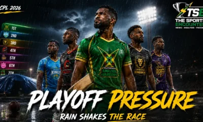 CPL 2026 playoff race graphic showing the leading teams, points-table pressure and qualification battle after the latest rain-affected round.