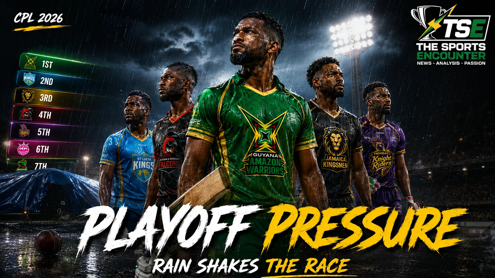 CPL 2026 playoff race graphic showing the leading teams, points-table pressure and qualification battle after the latest rain-affected round.