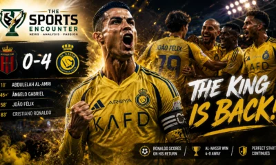 Cristiano Ronaldo celebrates after scoring on his return as Al-Nassr defeat Al-Riyadh 4-0 in the Saudi Pro League.