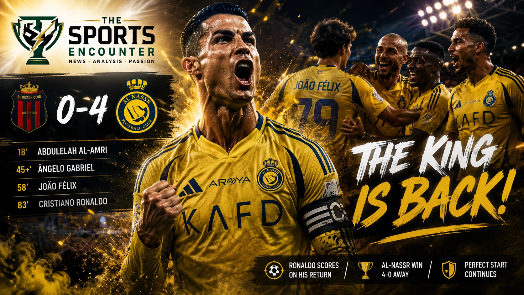 Cristiano Ronaldo celebrates after scoring on his return as Al-Nassr defeat Al-Riyadh 4-0 in the Saudi Pro League.