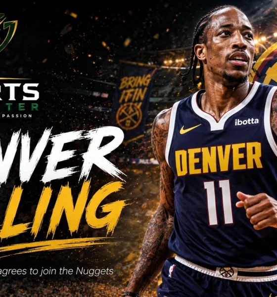 DeMar DeRozan featured in a cinematic Denver Nuggets setting after agreeing to a one-year, $3.9 million deal to join Nikola Jokic and chase an NBA championship.
