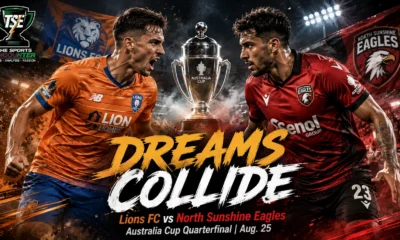 Lions FC and North Sunshine Eagles players in a cinematic Australia Cup 2026 quarterfinal setting ahead of their August 25 clash at Luxury Paints Stadium.