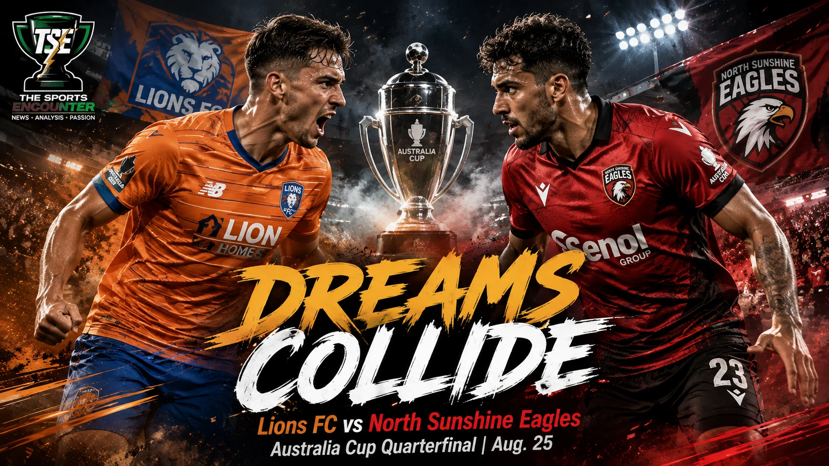 Lions FC and North Sunshine Eagles players in a cinematic Australia Cup 2026 quarterfinal setting ahead of their August 25 clash at Luxury Paints Stadium.
