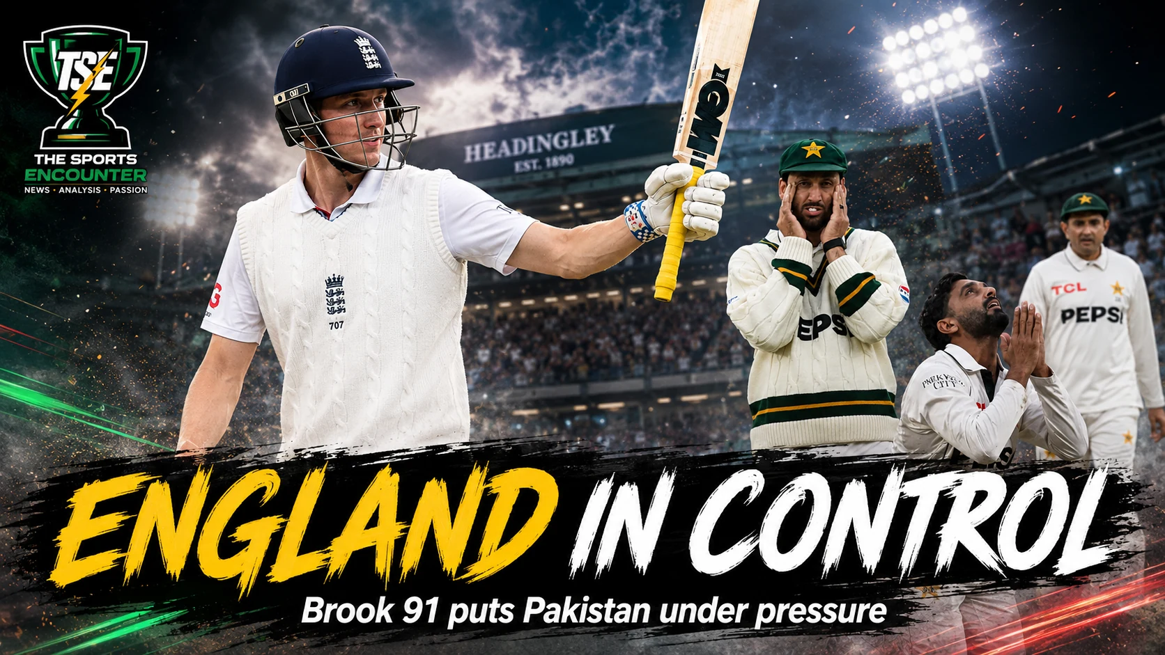 Harry Brook and England dominate under the Headingley floodlights as Pakistan struggle to regain control despite Ali Usman’s five-wicket haul.