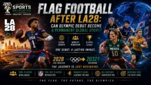 Cinematic Olympic flag football graphic showing LA28, international players, NFL influence and the sport’s possible path toward Brisbane 2032.