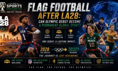 Cinematic Olympic flag football graphic showing LA28, international players, NFL influence and the sport’s possible path toward Brisbane 2032.