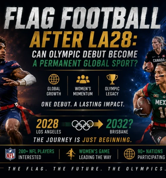 Cinematic Olympic flag football graphic showing LA28, international players, NFL influence and the sport’s possible path toward Brisbane 2032.