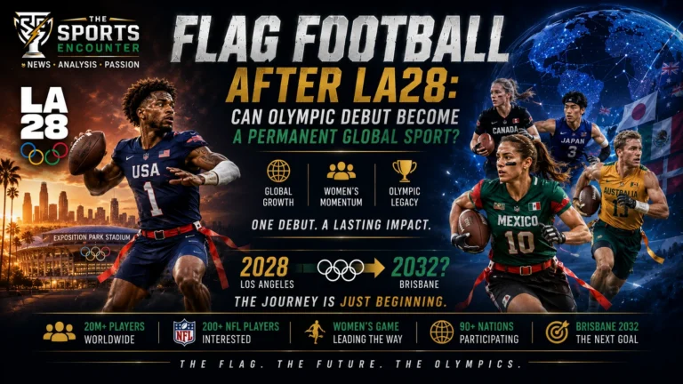 Cinematic Olympic flag football graphic showing LA28, international players, NFL influence and the sport’s possible path toward Brisbane 2032.