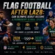 Cinematic Olympic flag football graphic showing LA28, international players, NFL influence and the sport’s possible path toward Brisbane 2032.