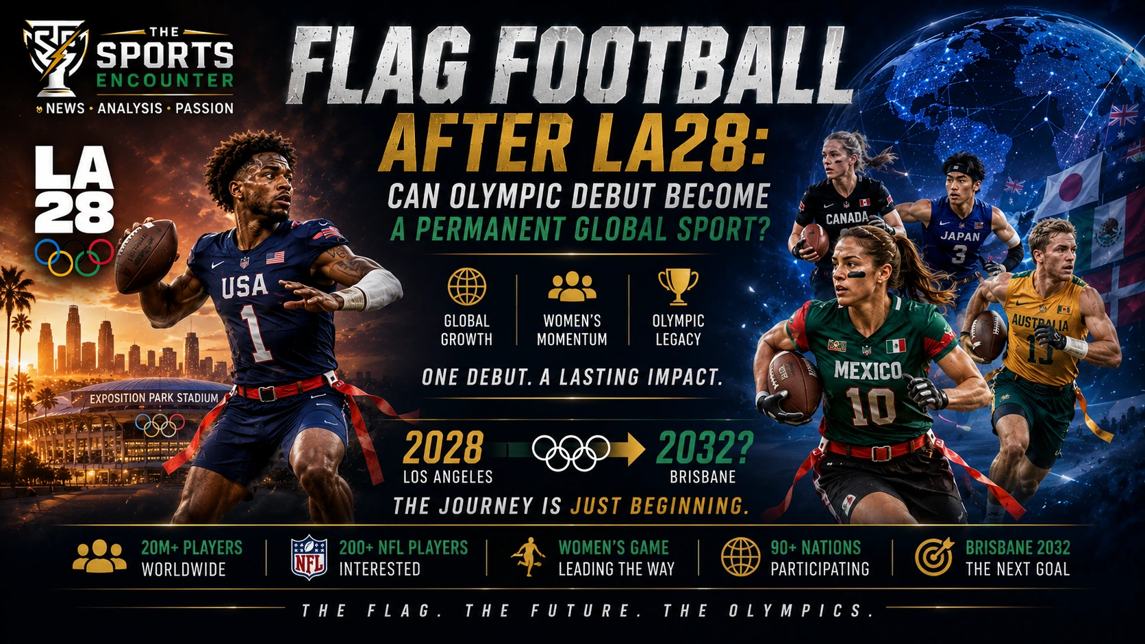 Cinematic Olympic flag football graphic showing LA28, international players, NFL influence and the sport’s possible path toward Brisbane 2032.