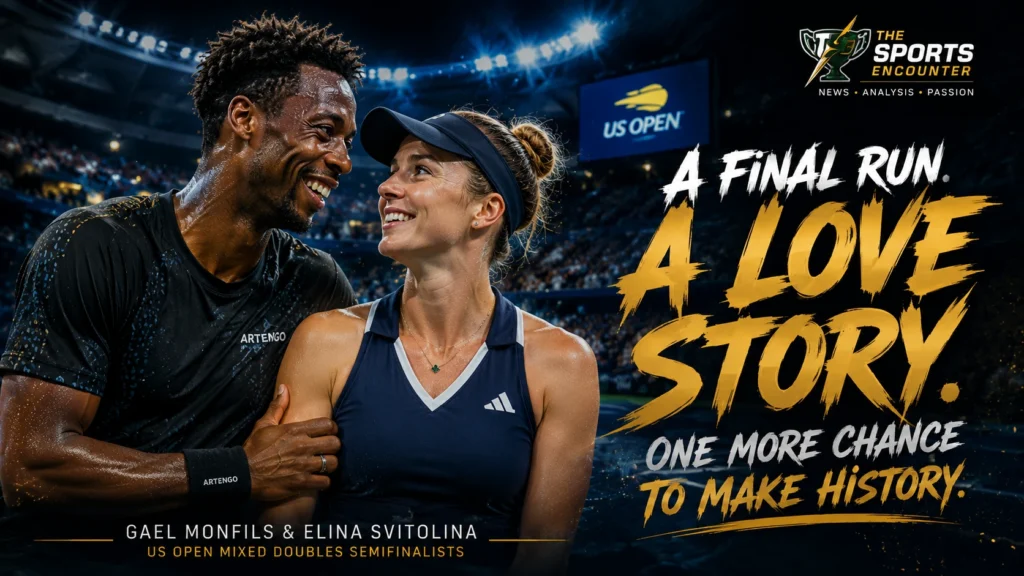 Gael Monfils and Elina Svitolina celebrate together during their 2026 US Open mixed doubles run at Arthur Ashe Stadium.
