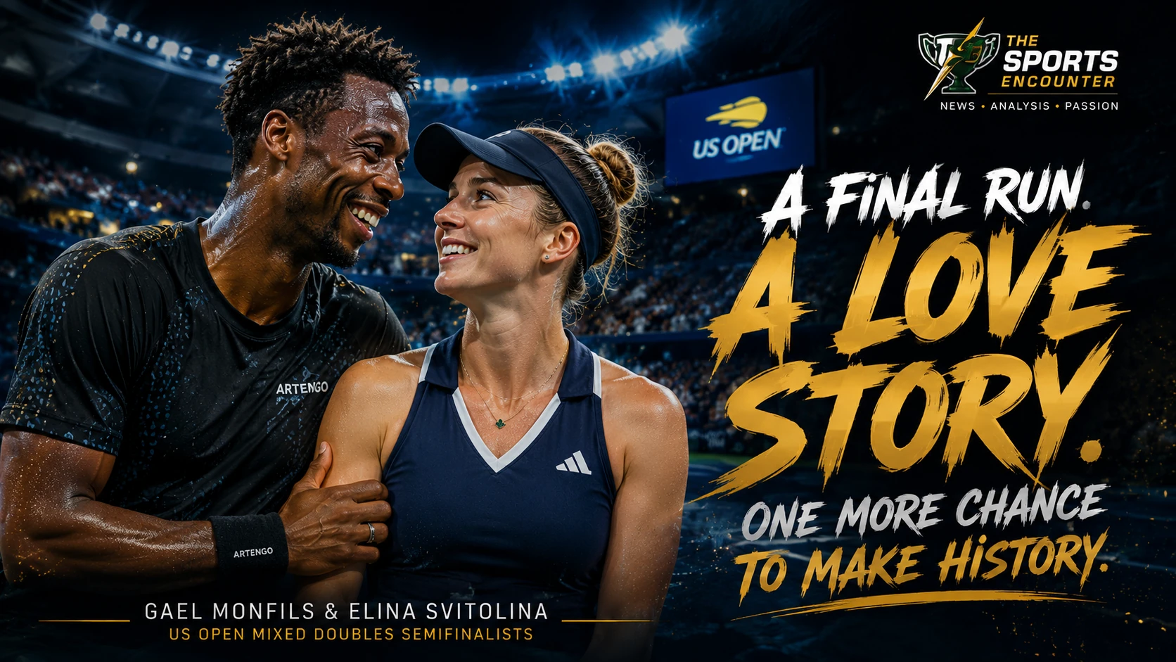 Gael Monfils and Elina Svitolina celebrate together during their 2026 US Open mixed doubles run at Arthur Ashe Stadium.