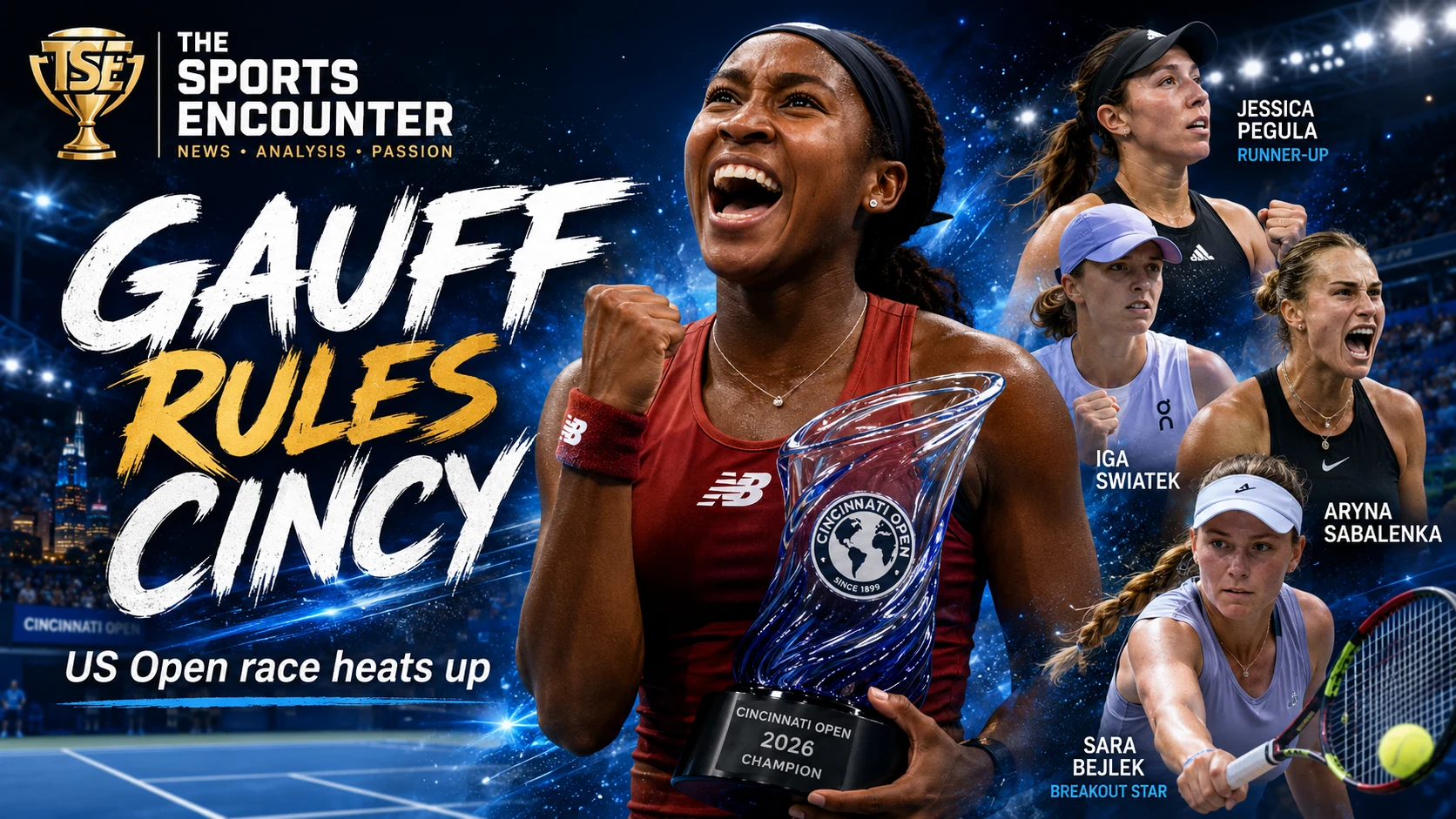 Coco Gauff celebrates her Cincinnati Open 2026 title alongside key US Open contenders including Jessica Pegula, Iga Swiatek, Aryna Sabalenka and Sara Bejlek.