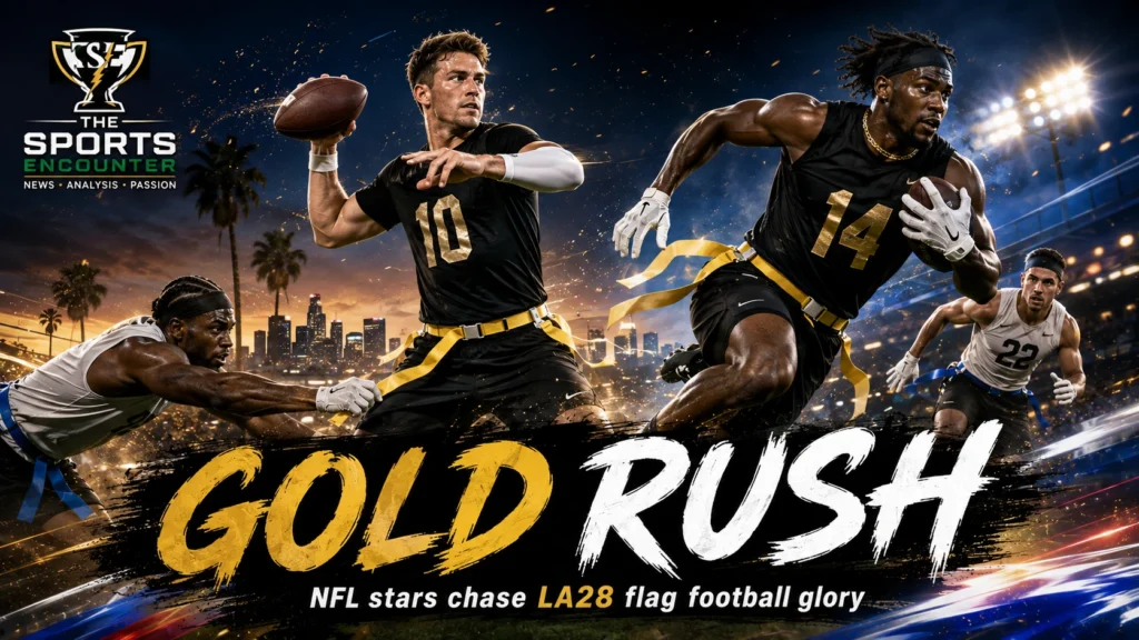NFL stars in a cinematic LA28 flag football setting as more than 200 players express interest in competing at the 2028 Los Angeles Olympics.