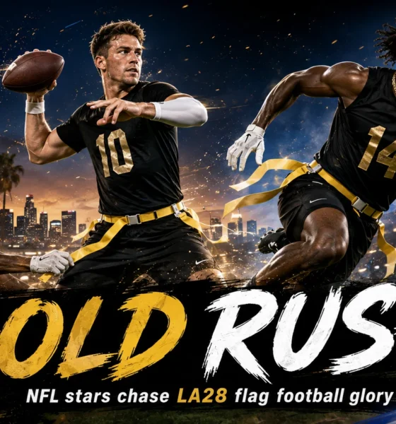 NFL stars in a cinematic LA28 flag football setting as more than 200 players express interest in competing at the 2028 Los Angeles Olympics.