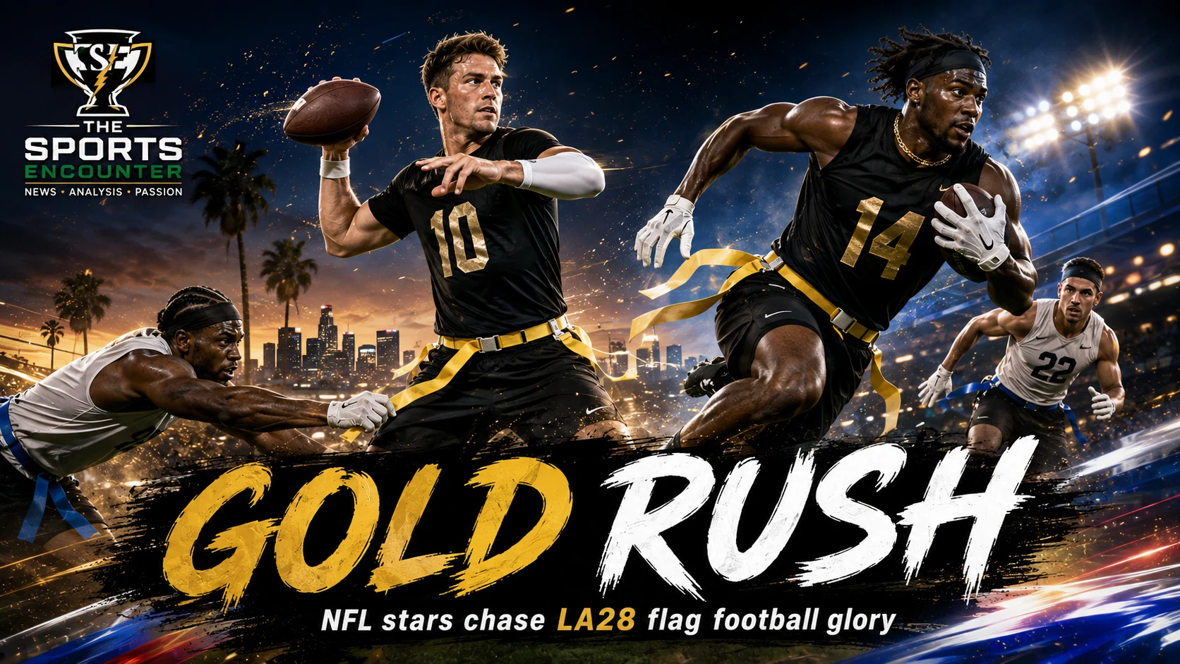 NFL stars in a cinematic LA28 flag football setting as more than 200 players express interest in competing at the 2028 Los Angeles Olympics.