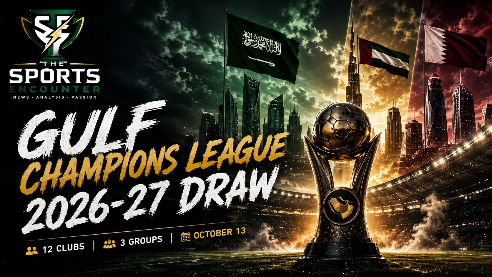 Gulf Champions League 2026-27 draw featuring UAE, Saudi Arabia and Qatar clubs across three groups ahead of the expanded regional tournament.