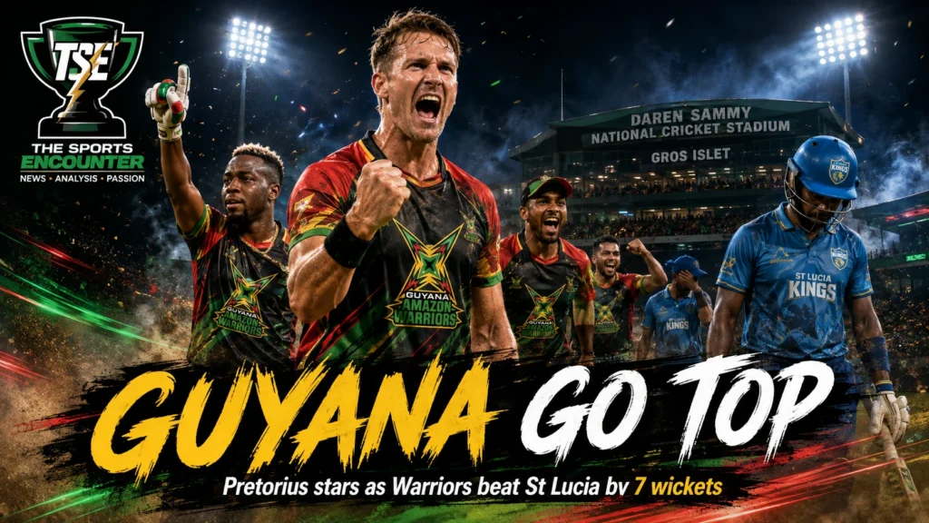 Dwaine Pretorius and Guyana Amazon Warriors celebrate their seven-wicket victory over St Lucia Kings in CPL 2026 Match 11 at Gros Islet.