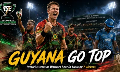 Dwaine Pretorius and Guyana Amazon Warriors celebrate their seven-wicket victory over St Lucia Kings in CPL 2026 Match 11 at Gros Islet.
