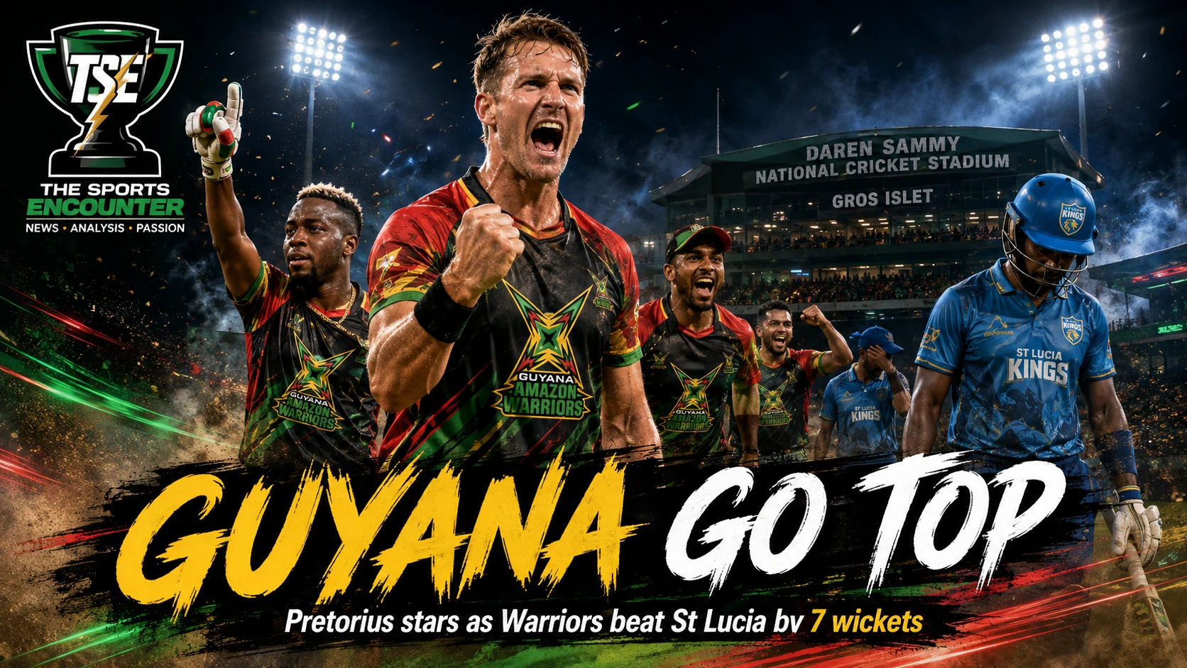 Dwaine Pretorius and Guyana Amazon Warriors celebrate their seven-wicket victory over St Lucia Kings in CPL 2026 Match 11 at Gros Islet.