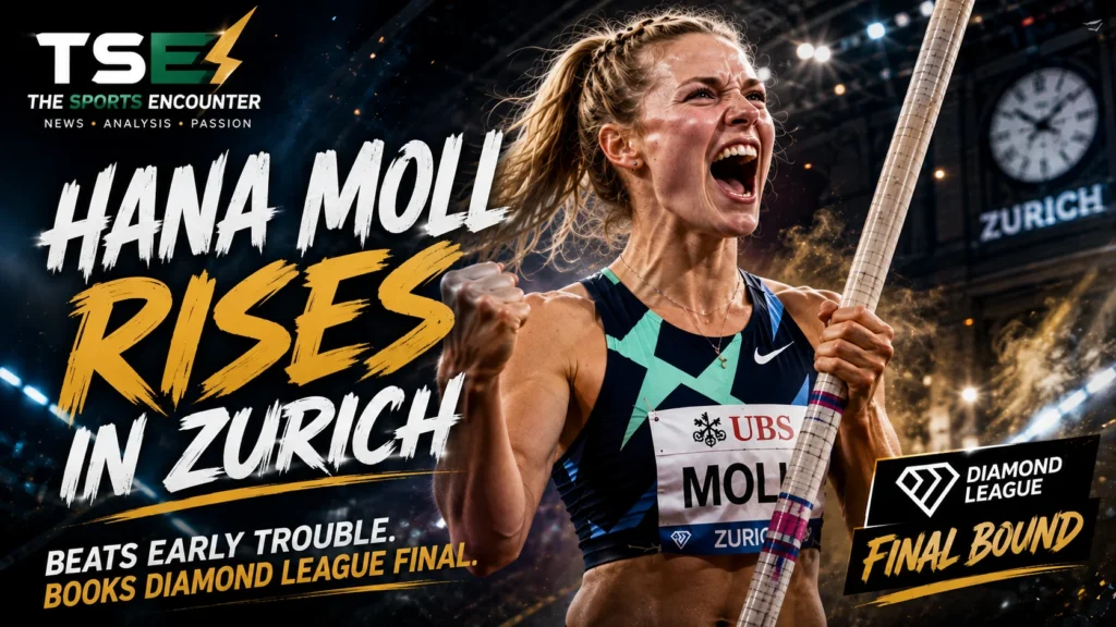 Hana Moll celebrates after overcoming early misses to clear a 4.90m personal best and qualify for the Diamond League Final in Zurich.