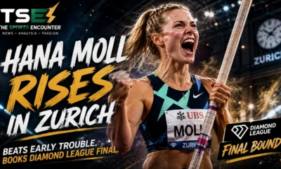 Hana Moll celebrates after overcoming early misses to clear a 4.90m personal best and qualify for the Diamond League Final in Zurich.