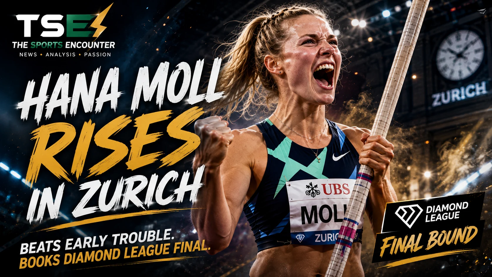 Hana Moll celebrates after overcoming early misses to clear a 4.90m personal best and qualify for the Diamond League Final in Zurich.