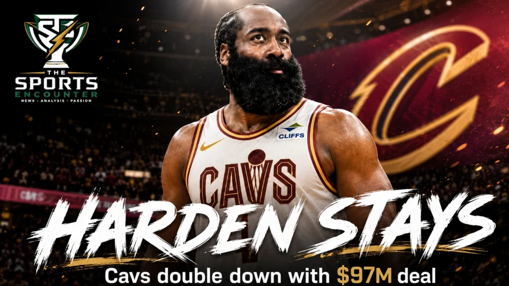 James Harden in a cinematic Cleveland Cavaliers setting after agreeing to a three-year, $97 million contract as Cleveland pushes deeper into its NBA championship window.