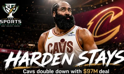 James Harden in a cinematic Cleveland Cavaliers setting after agreeing to a three-year, $97 million contract as Cleveland pushes deeper into its NBA championship window.