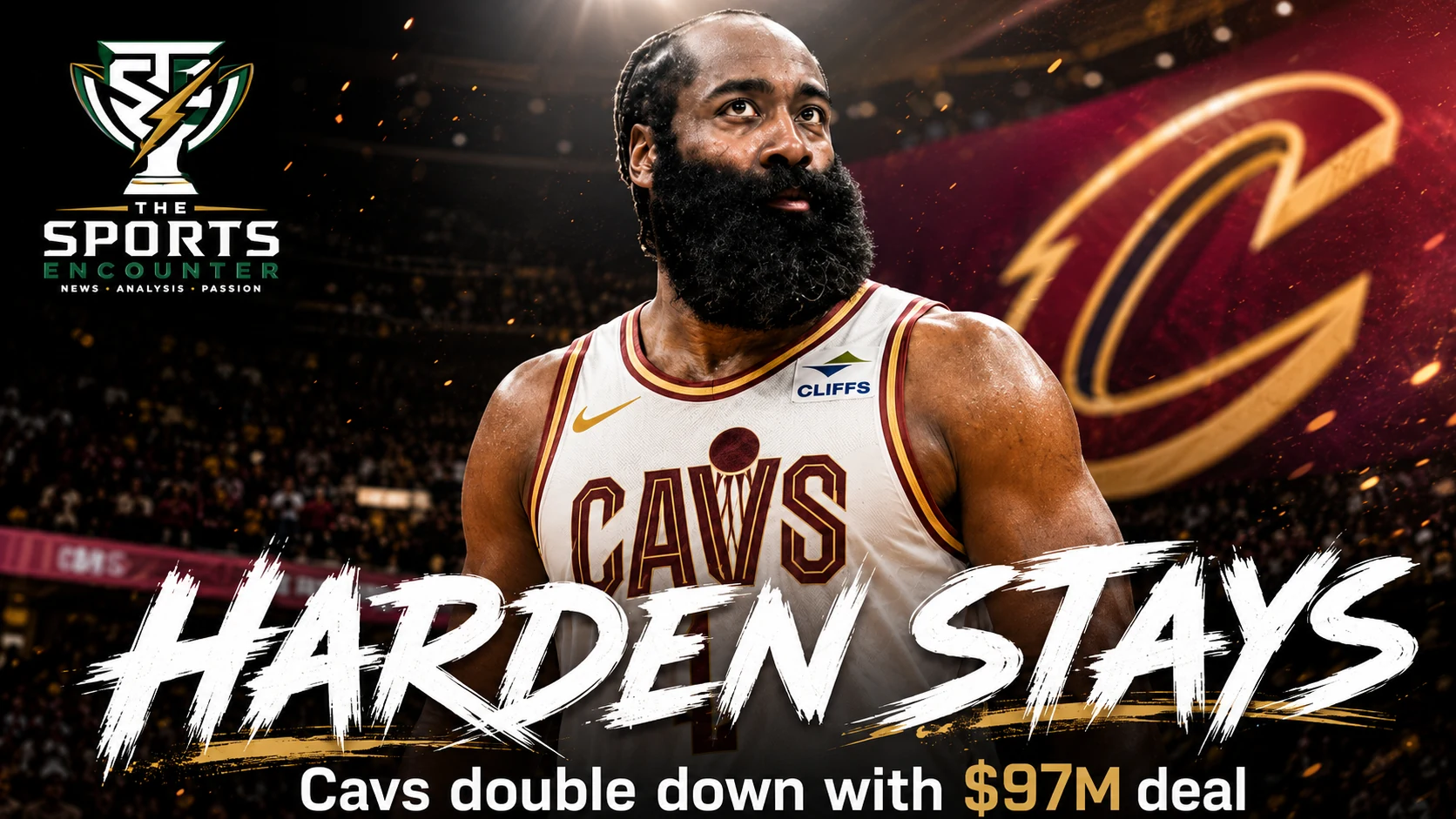 James Harden in a cinematic Cleveland Cavaliers setting after agreeing to a three-year, $97 million contract as Cleveland pushes deeper into its NBA championship window.