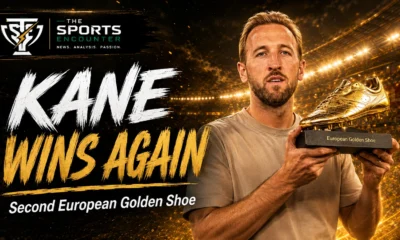 Harry Kane celebrates winning his second European Golden Shoe after scoring 36 Bundesliga goals for Bayern Munich in the 2025-26 season.