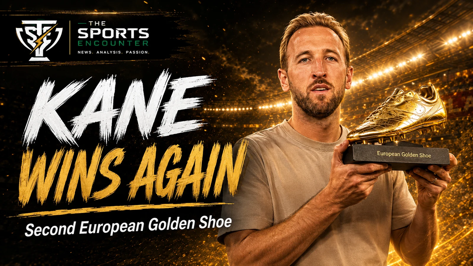 Harry Kane celebrates winning his second European Golden Shoe after scoring 36 Bundesliga goals for Bayern Munich in the 2025-26 season.