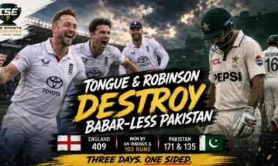 Ollie Robinson and Josh Tongue celebrate during England’s innings-and-103-run victory over Babar-less Pakistan in the first Test at Headingley, Leeds.