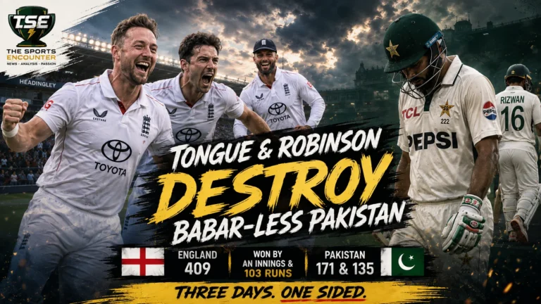 Ollie Robinson and Josh Tongue celebrate during England’s innings-and-103-run victory over Babar-less Pakistan in the first Test at Headingley, Leeds.