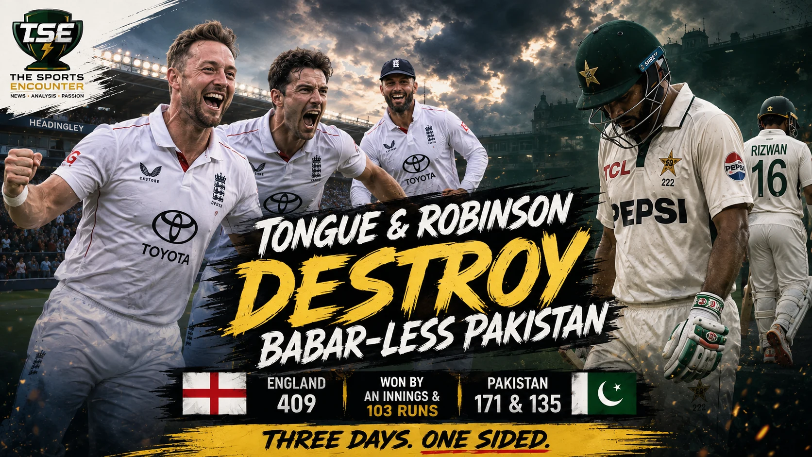 Ollie Robinson and Josh Tongue celebrate during England’s innings-and-103-run victory over Babar-less Pakistan in the first Test at Headingley, Leeds.