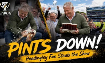 A cricket fan at Headingley reacts after spilling four pints during day two of the England-Pakistan Test while spectators laugh in the stands.