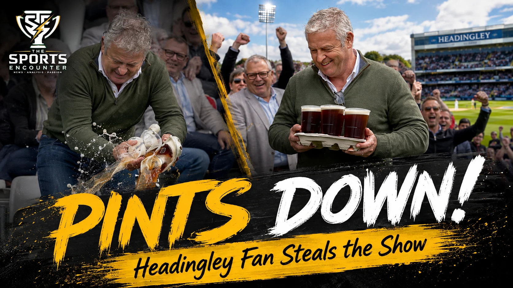 A cricket fan at Headingley reacts after spilling four pints during day two of the England-Pakistan Test while spectators laugh in the stands.