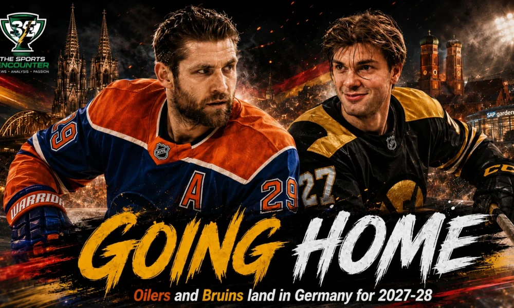 Leon Draisaitl and JJ Peterka featured in a cinematic Germany-themed NHL Global Series visual ahead of Edmonton Oilers games in Cologne and Boston Bruins games in Munich.