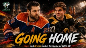 Leon Draisaitl and JJ Peterka featured in a cinematic Germany-themed NHL Global Series visual ahead of Edmonton Oilers games in Cologne and Boston Bruins games in Munich.