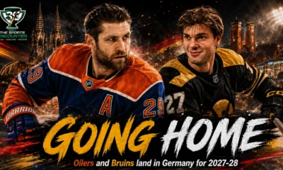 Leon Draisaitl and JJ Peterka featured in a cinematic Germany-themed NHL Global Series visual ahead of Edmonton Oilers games in Cologne and Boston Bruins games in Munich.