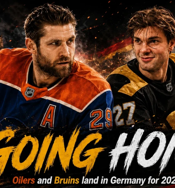 Leon Draisaitl and JJ Peterka featured in a cinematic Germany-themed NHL Global Series visual ahead of Edmonton Oilers games in Cologne and Boston Bruins games in Munich.