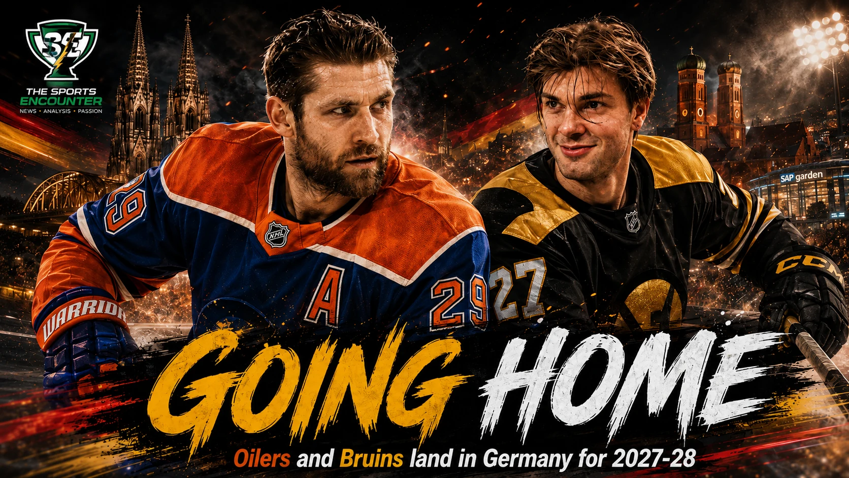 Leon Draisaitl and JJ Peterka featured in a cinematic Germany-themed NHL Global Series visual ahead of Edmonton Oilers games in Cologne and Boston Bruins games in Munich.