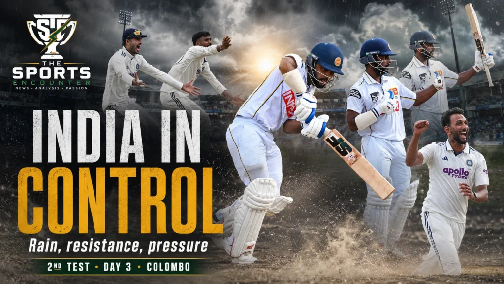India and Sri Lanka players featured in a cinematic Colombo Test graphic as rain interrupts Day 3 with India still in control.