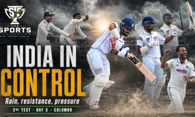 India and Sri Lanka players featured in a cinematic Colombo Test graphic as rain interrupts Day 3 with India still in control.