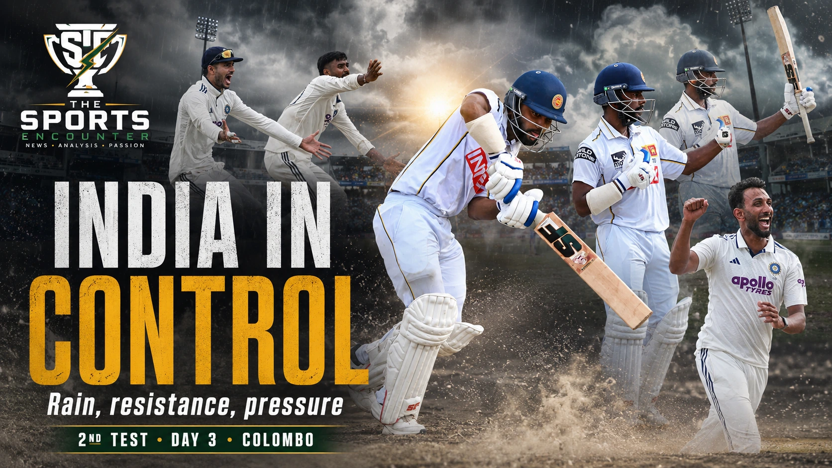 India and Sri Lanka players featured in a cinematic Colombo Test graphic as rain interrupts Day 3 with India still in control.