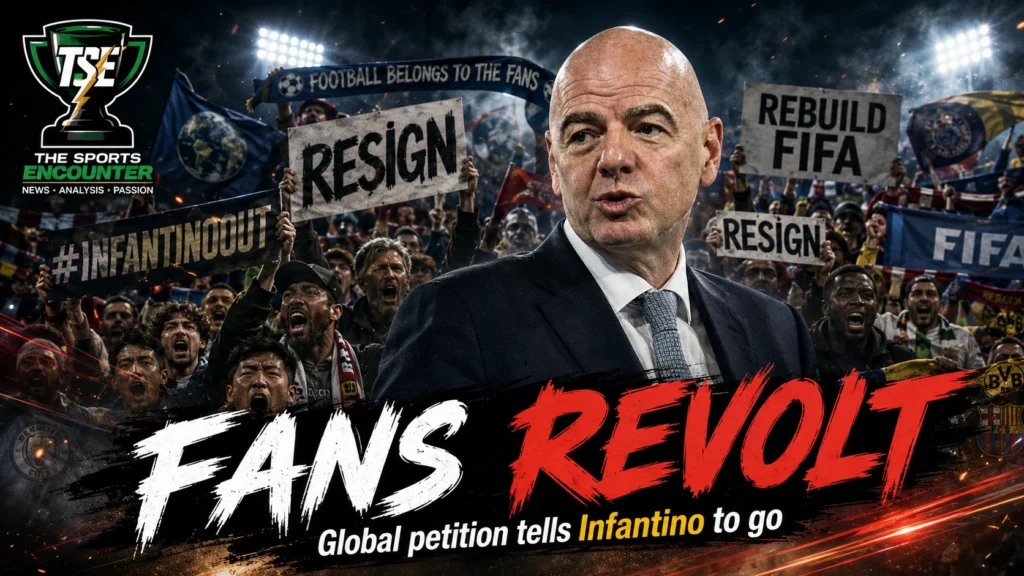 Gianni Infantino surrounded by protesting football supporters in a cinematic FIFA crisis visual highlighting the global petition demanding his resignation.